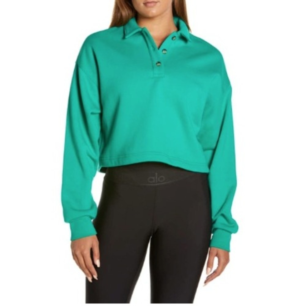 Alo Yoga Polo Club Henley Pullover Sweatshirt Green Cropped Size S